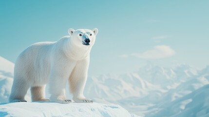 A majestic polar bear stands on a snowy landscape, surrounded by icy mountains under a clear blue sky, showcasing the beauty of Arctic wildlife.