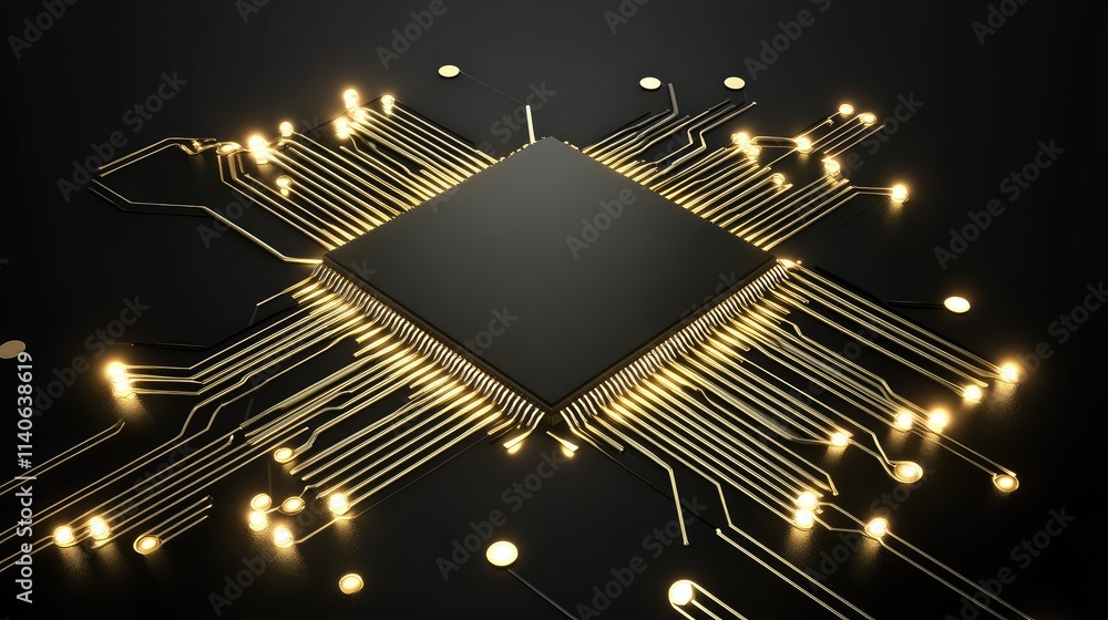 Poster a high-tech microchip with golden, glowing connections surrounded by a dark matte board, creating a 