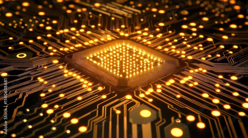 Poster a high-tech microchip with golden, glowing connections surrounded by a dark matte board, creating a 