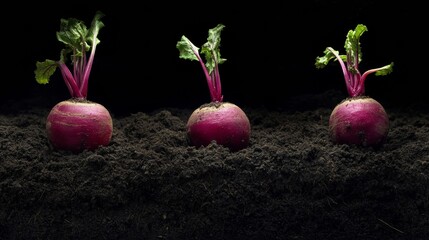 Three radishes growing in dark soil on black background