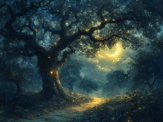 Mystical Twilight Scene with Fireflies in Nature