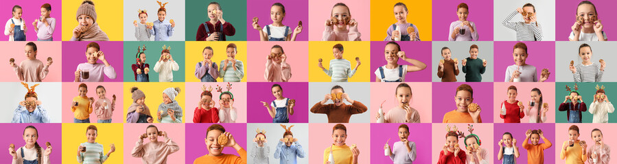 Big collage of little children with tasty cookies on color background