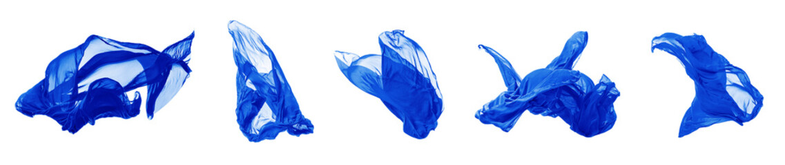 Fototapeta premium Set of flying blue fabric on white background