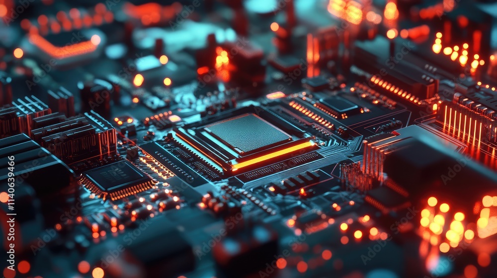 Poster a lab environment featuring a microchip under a microscope, with bright focus lighting showing its a