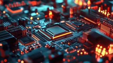 A lab environment featuring a microchip under a microscope, with bright focus lighting showing its advanced design