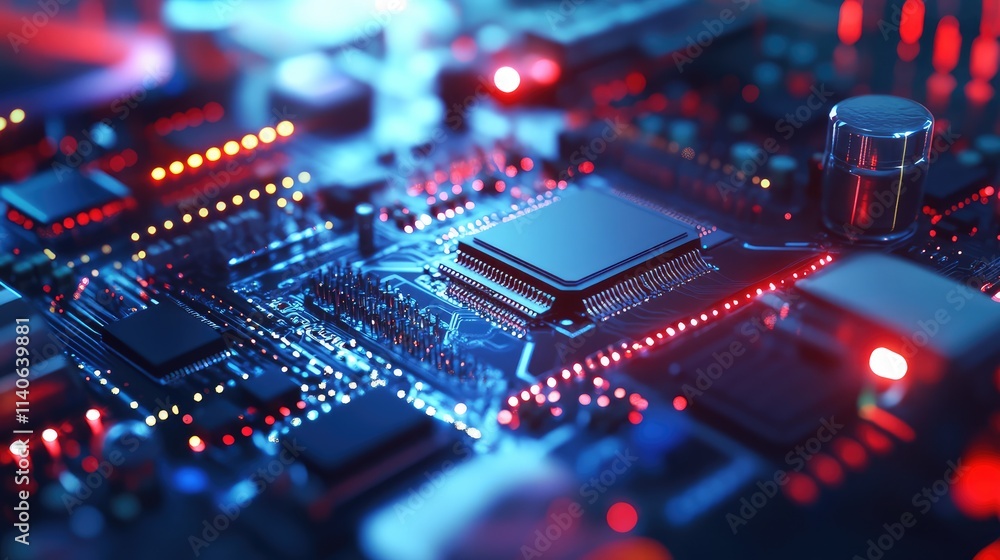 Poster a lab environment featuring a microchip under a microscope, with bright focus lighting showing its a