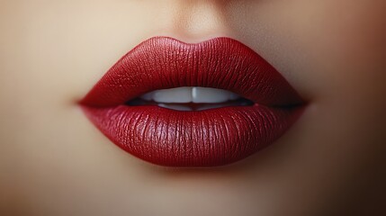 Obraz premium Slightly parted lips in a rich plum matte finish, ultra-realistic textures with a velvety appearance, illuminated by soft studio lighting, surrounded by a blurred muted cream backdrop,