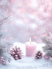 Pastel Pink Christmas Candle Scene - A soft pink candle glows amidst a snowy winter scene, symbolizing peace, warmth, hope, serenity, and the magic of Christmas.