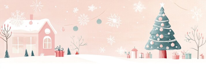 Pastel Pink Christmas Winter Scene - Festive winter scene with a pink house, Christmas tree, presents, and snowflakes. Symbolizing warmth, joy, peace, celebration, and winter wonderland.