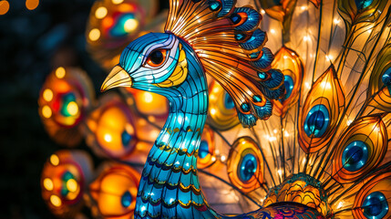 A photo of a close-up of a beautifully crafted peacock lantern adorned with intricate patterns and vibrant colors at the North Carolina Chinese Lantern Festival during the night