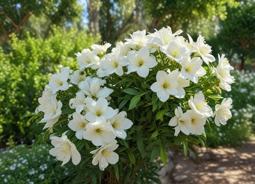 Flor de linda jasmim branca em jardim com flores e arbustos verdes, outdoor, nature, white flower