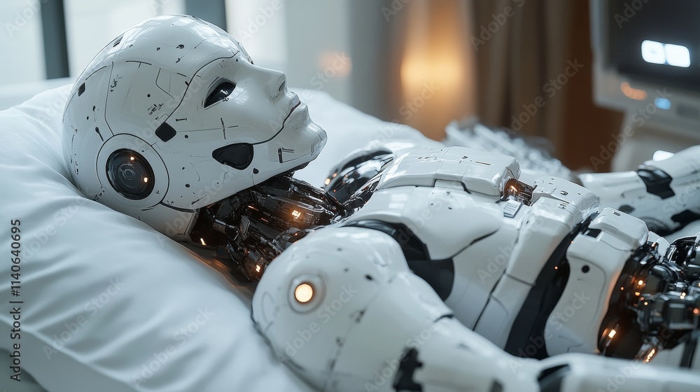 Poster futuristic humanoid robot resting in bed: artificial intelligence and robotics