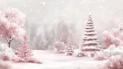 Pink Winter Wonderland Scene - Serene snowfall, pink trees, snowy ground, Christmas tree, winter magic.  Evokes peace, tranquility, festive joy.