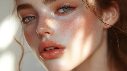 Slightly parted lips in a warm peach tone, faint freckles dotting the surrounding skin, glossy and hydrated under diffused sunlight, sharp focus on textures, with a blurred neutral-toned backdrop,