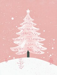 Obraz premium Pink Winter Tree Scene - A minimalist pink Christmas tree on a snowy hill, symbolizing peace, joy, winter, celebration, and serenity.