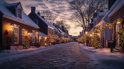 Obraz premium Snow covered street with decorated buildings at dusk.