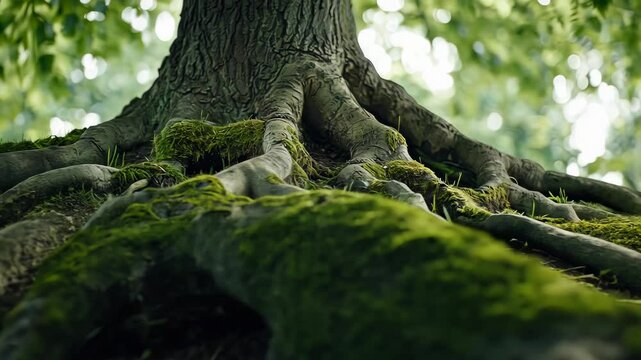 A tree with its roots showing in the foreground. ESG Environmental, social, and governance, carbon reduction decarbonization net zero and climate change