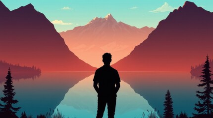 Obraz premium Contemplating nature's beauty a silhouette by the serene lake at dusk peaceful landscape artistic view