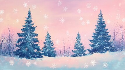 Obraz premium Winter Serenity: Snow Covered Pines - Peaceful winter scene, snow falling, serene landscape, evergreen trees, soft pastel colors. Symbolizes tranquility, peace, nature, winter magic, and hope.