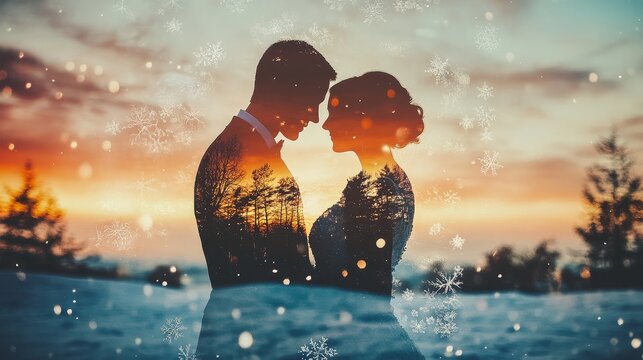 Winter Sunset Double Exposure of a Loving Couple - A romantic double exposure image of a couple embracing, overlaid with a snowy winter landscape and a vibrant sunset. Symbolizing love, winter, romanc