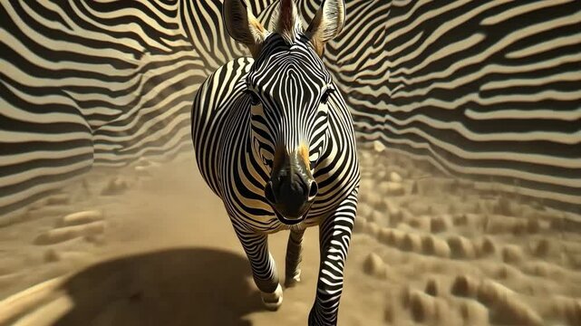 A zebra is running through the desert. The zebra is in the middle of the image and is the main focus. The background is a sandy desert with no other animals visible. The zebra's stripes are visible