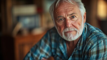 Bearded Elderly Man with White Hair Wearing a Checkered Shirt in a Thoughtful Pose Indoors