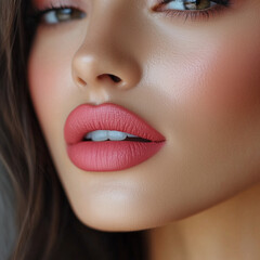 Fototapeta premium Close-up portrait of a young woman with full lips wearing matte pink lipstick