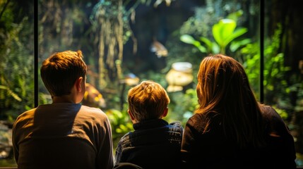 Fototapeta premium A family enjoys a moment at an aquarium. They watch colorful fish swim in a vibrant underwater world. This scene captures wonder and amazement. Generative AI