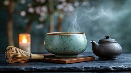 Fototapeta premium A steaming cup of tea, Japanese-style, with a tea whisk and teapot, in a serene setting.