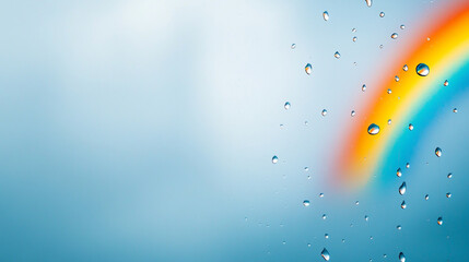 Colorful rainbow and water droplets on a serene blue sky background.