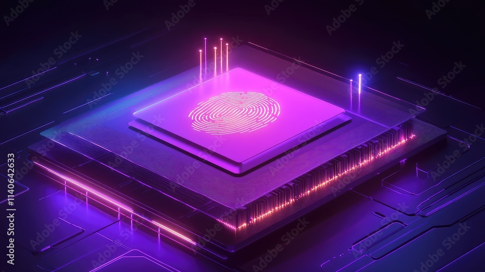 Poster a magnified biometric microchip concept with translucent layers and glowing fingerprint details, sym