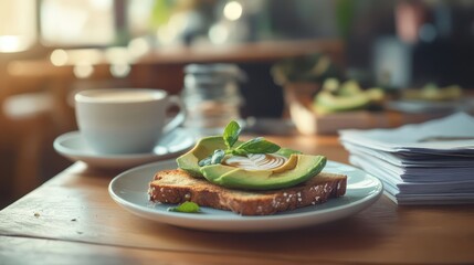 Trendy Cafe Breakfast Setup Featuring Avocado Toast and Coffee in a Cozy Atmosphere, Business Breakfast
