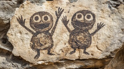 Two smiling painted figures waving hands on rock surface