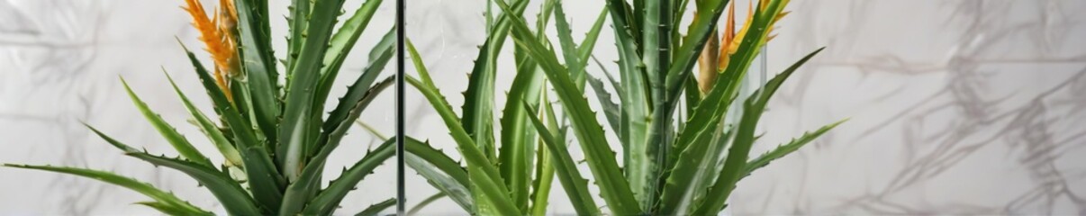 Fototapeta premium Fresh aloe leaves arranged artfully in a glass vase on a white marble background, arrangement, aloe vera, marble