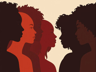 The silhouettes of women of different nationalities on a light background. Close-up.