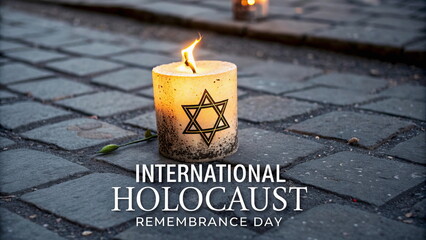 Burning candle with Star of David on cobblestone ground for Holocaust Remembrance Day. Ideal for themes of remembrance and honoring victims. Concept: preserving memory and raising historical awareness