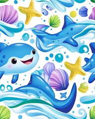 Obraz premium Playful Sharks and Ocean Waves Pattern Design