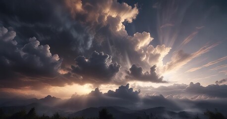 Gentle beam of light breaks through layered clouds during tranquil evening hours, layered clouds, natural wonder, calm atmosphere