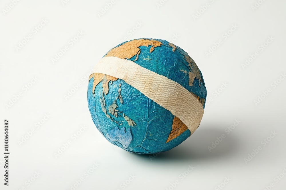 Poster a globe with a white band wrapped around it, symbolizing global unity or issues affecting the earth.