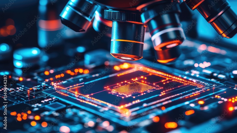 Poster a magnified view of a microchip under a lab microscope, with glowing circuits displayed in a futuris