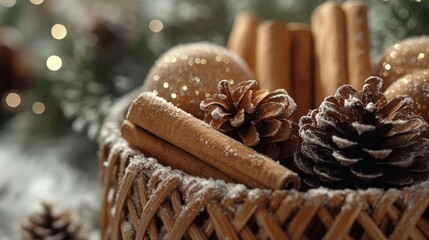A basket filled with cinnamon sticks, pinecones, and small wrapped gifts.