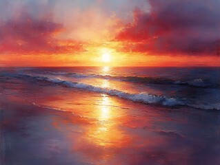 Obraz premium Serene Golden Sunset Over Calm Ocean Waves