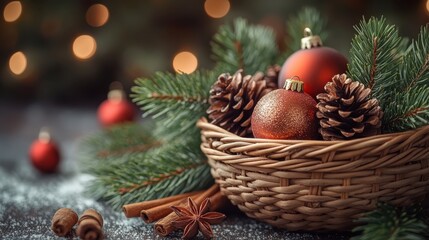 A basket filled with cinnamon sticks, pinecones, and small wrapped gifts.