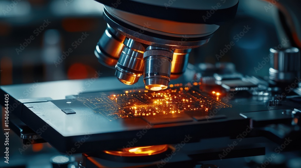 Poster a magnified view of a microchip under a lab microscope, with glowing circuits displayed in a futuris