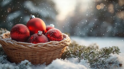 A basket of shiny Christmas baubles nestled among snowy pine branches.
