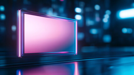 Fototapeta premium Futuristic digital display with glowing neon lights in a dark room.