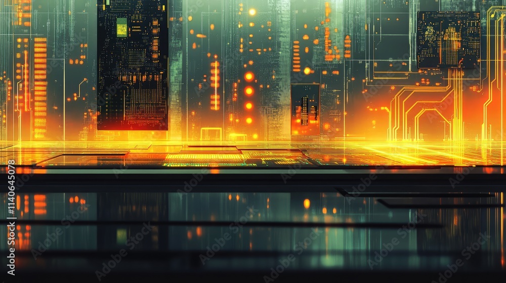 Poster a microchip floating above a glass panel with faintly glowing circuits reflecting onto the surface f