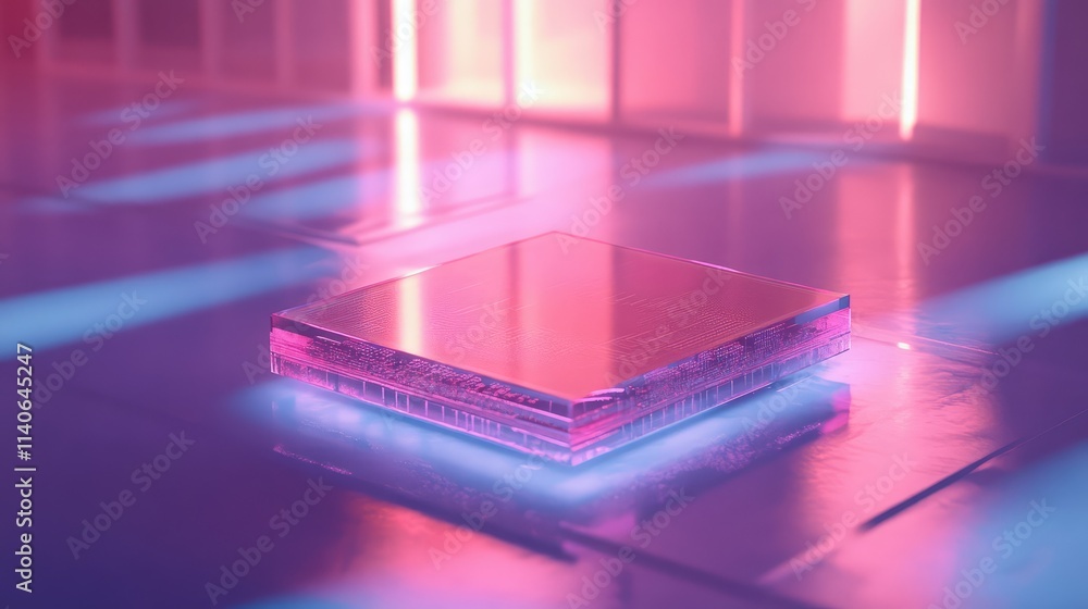 Poster a microchip on a semi-transparent glass platform, surrounded by soft neon glows and intricate shadow