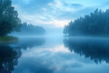 Fototapeta premium Misty Morning Over Tranquil Lake in Nature