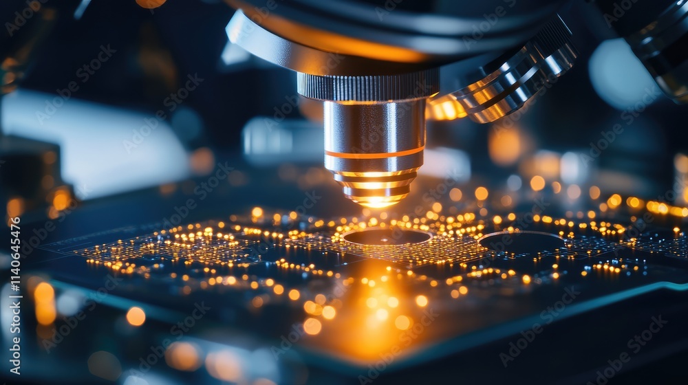 Poster a microchip under a high-powered microscope, showcasing its complex pathways and glowing elements fo